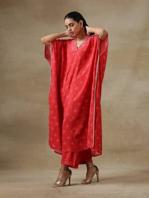 Red Bandhani Printed Silk Panel Kaftan Kurta Pant Set 1