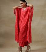 Red Bandhani Printed Silk Panel Kaftan Kurta Pant Set
