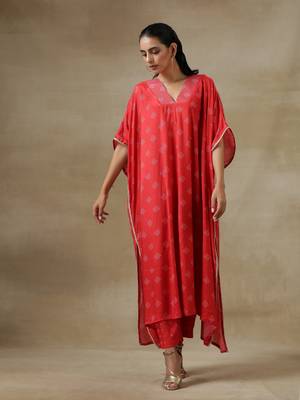 Red Bandhani Printed Silk Panel Kaftan Kurta Pant Set 2