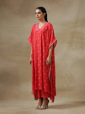 Red Bandhani Printed Silk Panel Kaftan Kurta Pant Set 3