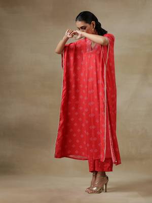 Red Bandhani Printed Silk Panel Kaftan Kurta Pant Set 4