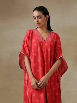 Red Bandhani Printed Silk Panel Kaftan Kurta Pant Set 5