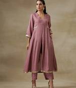 Dark Mauve Bandhani Printed Silk Front Slit Kurta Pant Set