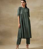 Dark Green Bandhani Printed Silk Side Gathered Kurta Pant Set