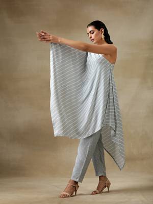 Grey Bandhani Printed Silk One-Shoulder Kurta Pant Set 1