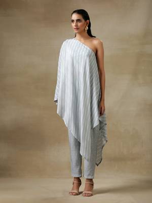 Grey Bandhani Printed Silk One-Shoulder Kurta Pant Set 2