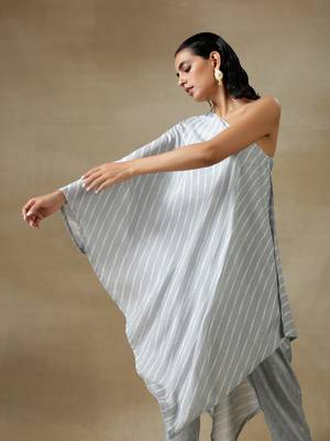 Grey Bandhani Printed Silk One-Shoulder Kurta Pant Set 3