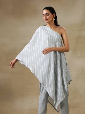 Grey Bandhani Printed Silk One-Shoulder Kurta Pant Set 4