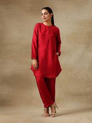 Maroon Textured Silk Front Placket Co-Ord Set 1