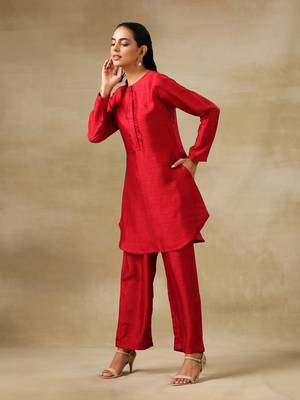 Maroon Textured Silk Front Placket Co-Ord Set 2