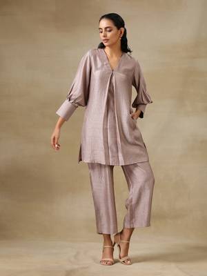Grey Textured Silk Neck Pleat Co-Ord Set 1