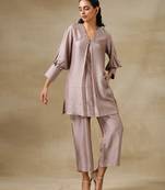 Grey Textured Silk Neck Pleat Co-Ord Set