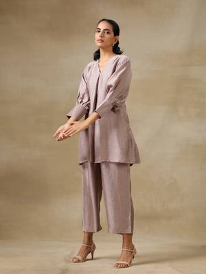 Grey Textured Silk Neck Pleat Co-Ord Set 2
