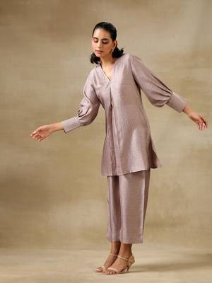 Grey Textured Silk Neck Pleat Co-Ord Set 3