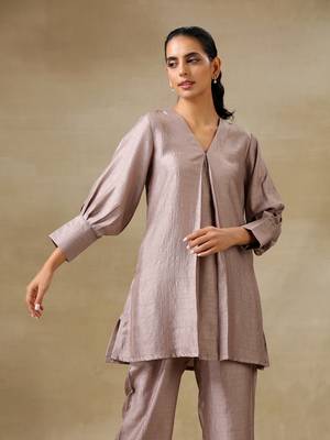 Grey Textured Silk Neck Pleat Co-Ord Set 4