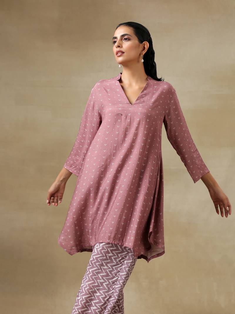 Dark Mauve Bandhani Printed Silk Collared CoOrd Set TRUEBROWNS LIFESTYLE PVT. LTD. 3995574