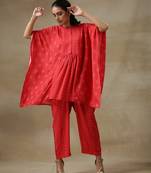 Red Bandhani Printed Silk Kaftan Gathered Co-Ord Set