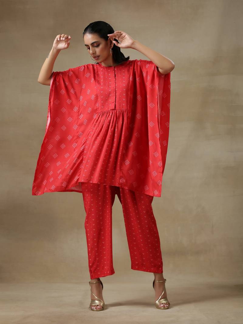 Red Bandhani Printed Silk Kaftan Gathered Co-Ord Set