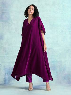 Wine Velvet Kaftan Kurta 1