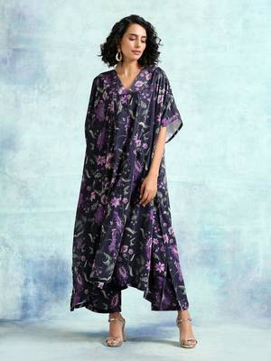 Black Printed Velvet Kaftan Kurta 1