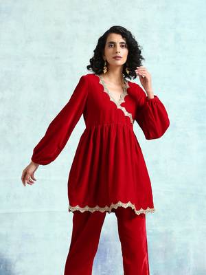 True Red Velvet Lace Co-Ord Set 3