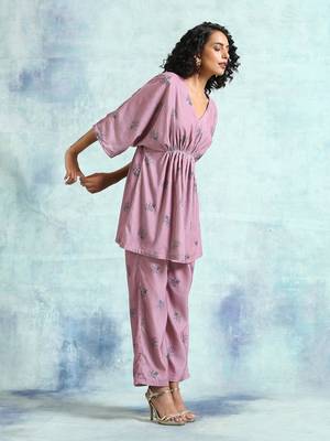 Light Mauve Printed Velvet Co-Ord Set 3