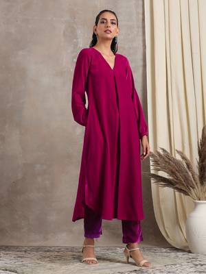 Pink Velvet Pleated Kurta 2