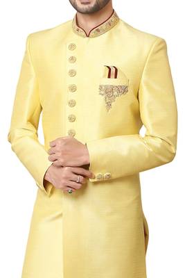 Yellow embroidered art dupion silk sherwani 2