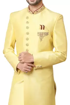 Yellow embroidered art dupion silk sherwani