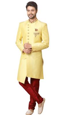 Yellow embroidered art dupion silk sherwani 1