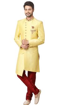 Yellow embroidered art dupion silk sherwani