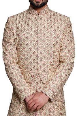 Fawn embroidered art dupion silk sherwani 2
