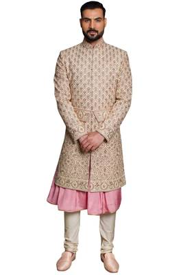 Fawn embroidered art dupion silk sherwani 1