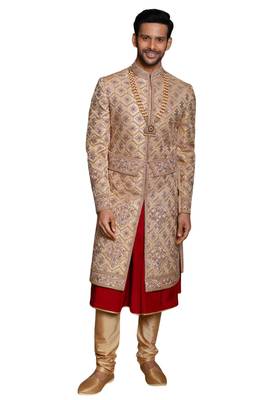 Gold embroidered art dupion silk sherwani 1