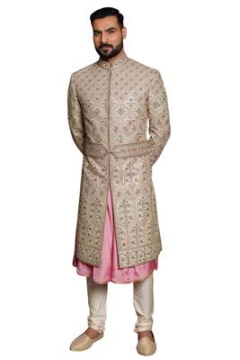 Fawn embroidered art dupion silk sherwani 1