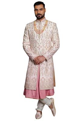 Fawn embroidered art dupion silk sherwani 1
