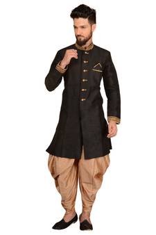 Black embroidered art dupion silk sherwani