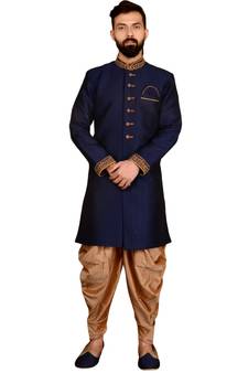 Blue embroidered art dupion silk sherwani