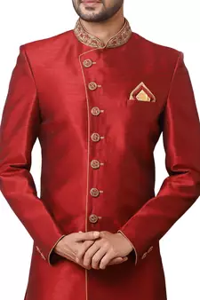Red embroidered art dupion silk sherwani