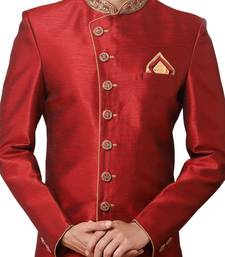 Red embroidered art dupion silk sherwani