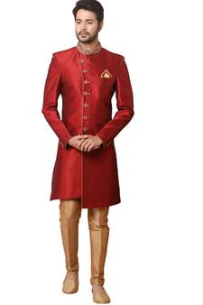 Red embroidered art dupion silk sherwani