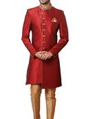 Red embroidered art dupion silk sherwani