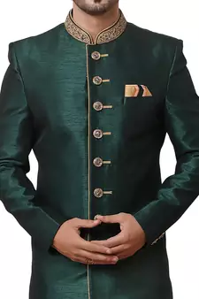 Green embroidered art dupion silk sherwani