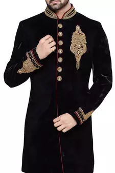 Black embroidered art dupion silk sherwani