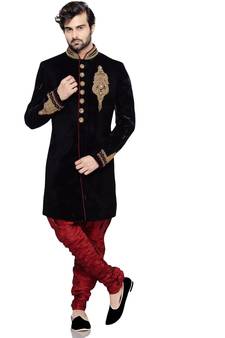 Black embroidered art dupion silk sherwani