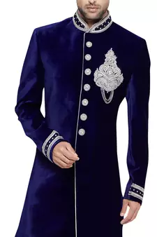 Blue embroidered art dupion silk sherwani