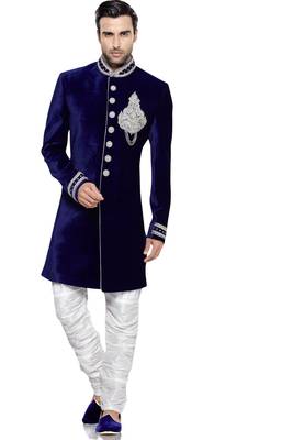 Blue embroidered art dupion silk sherwani 1