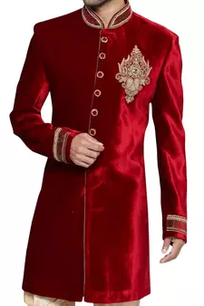 Red embroidered art dupion silk sherwani