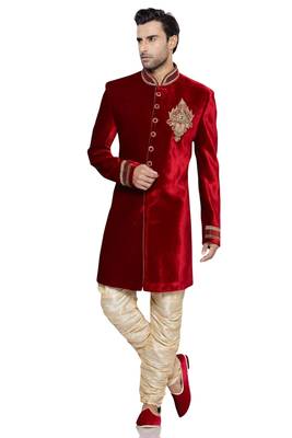 Red embroidered art dupion silk sherwani 1