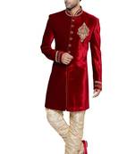 Red embroidered art dupion silk sherwani